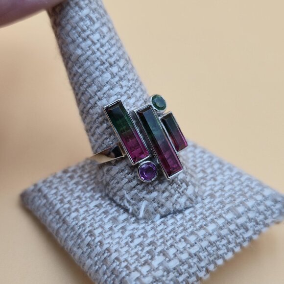 Size 10.75 Sterling Silver Watermelon Quartz Gems Band Ring A6023 - Picture 3 of 9